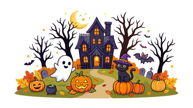 Haunted House Halloween Scene with Ghost Pumpkin Cat and Bats Vector
