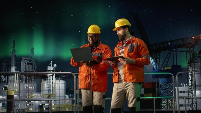 Managing resources, oil crisis and offshore platform engineering team using laptop while reviewing petroleum extraction metrics, blockade affecting operations and coworkers, for energy operations.
