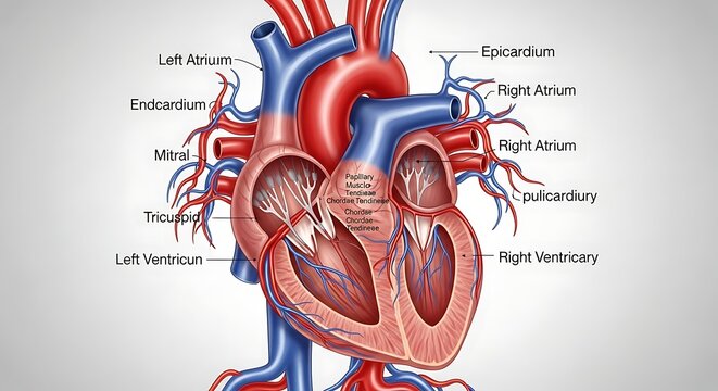Human heart anatomy with labeled internal structure.