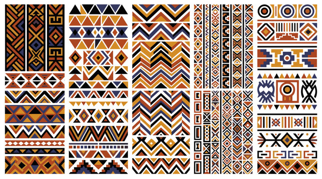 Collection of African tribal patterns and borders in geometric shapes and warm colors Vector