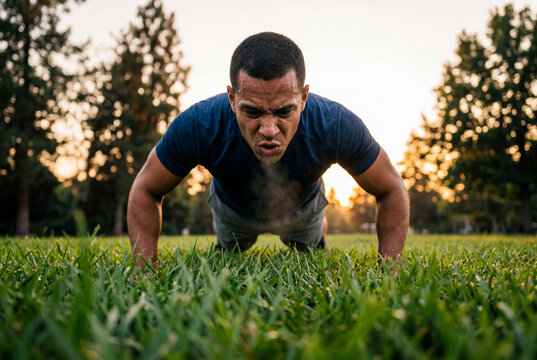 Exhausted man doing pushups on grass during intensive workout