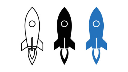 Minimalist Rocket Icon Set in Outline, Solid, and Blue Styles © decreative