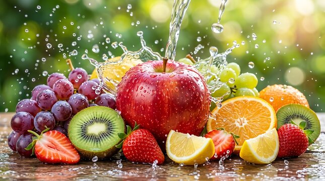 aneka buah segar, seperti apel, anggur, jeruk, kiwi, strawberry dan lemon dengan pemandangan di luar rumah