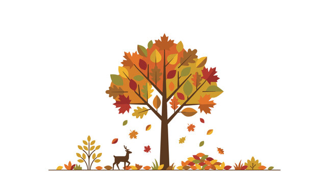 Autumn tree with falling leaves and a deer in a forest landscape illustration Vector