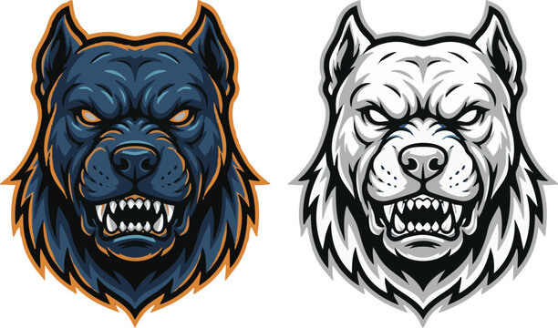 Aggressive pitbull dog head mascot illustration in color and black and white, snarling with bared teeth and intense eyes, vector graphic.