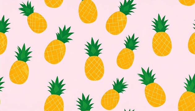 A vibrant, repeating pattern showcasing numerous yellow pineapples with green leafy crowns on a pink backdrop