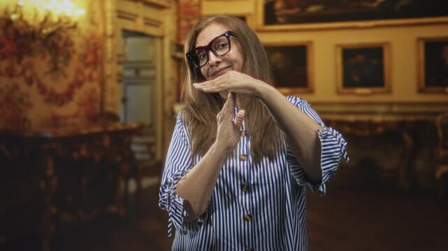 Woman making timeout hand gesture with palms and fingers visible, wearing striped blouse and glasses inside ornate gallery room of a building; gentle amusement.