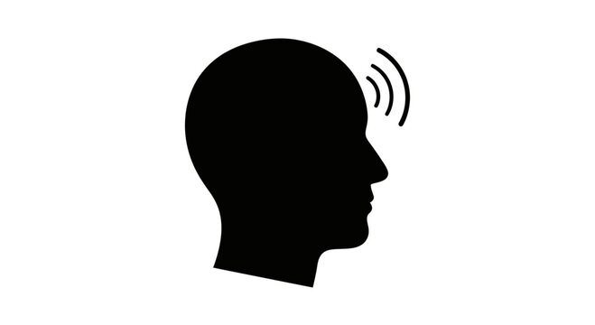 Head silhouette with radio waves emanating from the temple suggests a conceptual representation of human cognition, mental telepathy, or the impact of wireless technology on the brain.