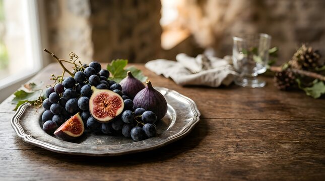 Fresh figs and grapes on a silver platter for a rustic holiday table