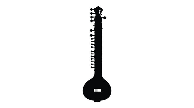Detailed black silhouette of a traditional indian sitar musical instrument showing intricate neck design and large gourd shape isolated against a clean stark white studio background