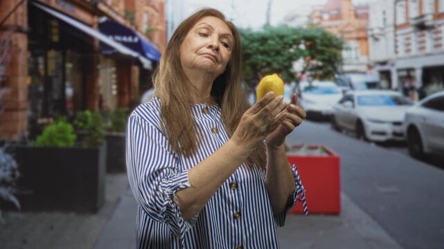 Woman holding a lemon between both hands and inspecting its rind on a busy street near sidewalk cafes and parked cars; contemplation.