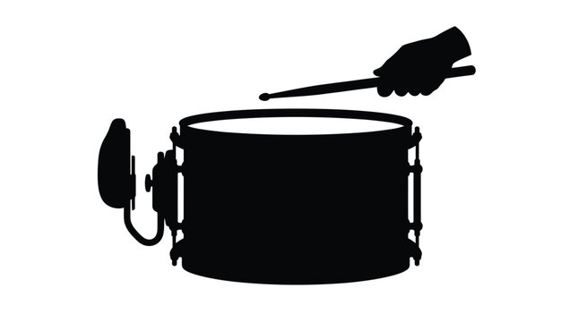 Black silhouette of a hand holding a wooden drumstick while striking a snare drum isolated on a clean white background for musical performance and rhythm
