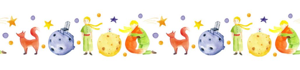 Obraz premium Watercolor Little Prince clipart a fox, young boy, planets, stars, flower under glass dome and whimsical elements. Perfect for nursery decor, storybooks, invitations, posters and children's products.