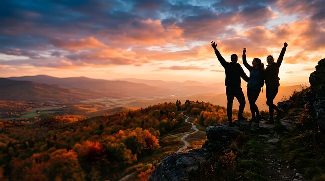 Happy friends cheering on mountain peak at sunset during autumn season