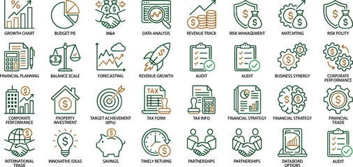 Obraz premium Flat line art business and finance vector icons set including growth chart, budget pie, risk management, corporate strategy, and financial planning for web and app use