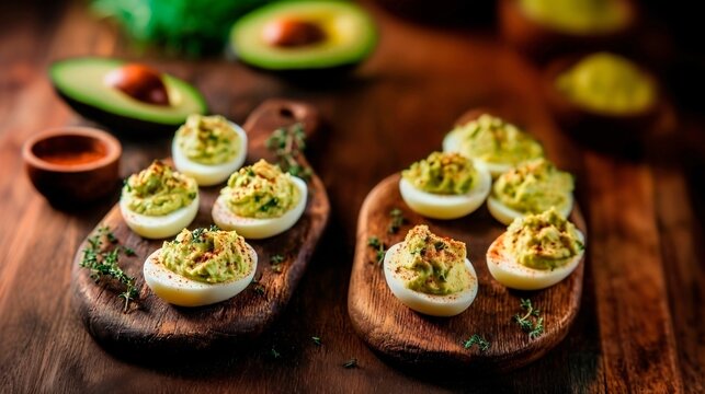 Deviled eggs with avocado paste and spices, served on a wooden board with herbs
