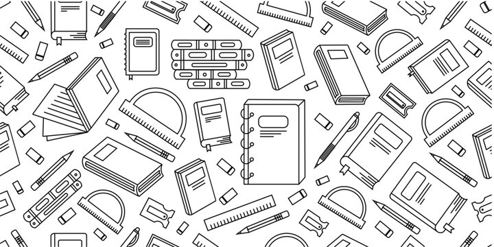 School equipment stationery pattern.  School supplies seamless pattern. School attributes seamless pattern. Student accessories repeat background. Back to school banner design. Education doodle patter