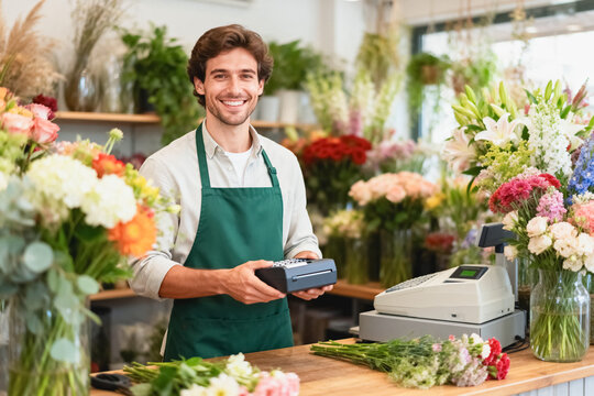 A smiling male florist holds a POS terminal while standing behind the wooden checkout counter of his vibrant flower shop filled with fresh floral arrangements.