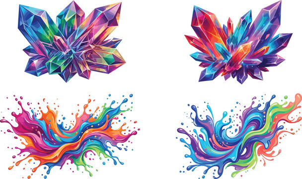 Abstract iridescent quartz crystal geode vector illustration with colorful translucent faceted gemstones
