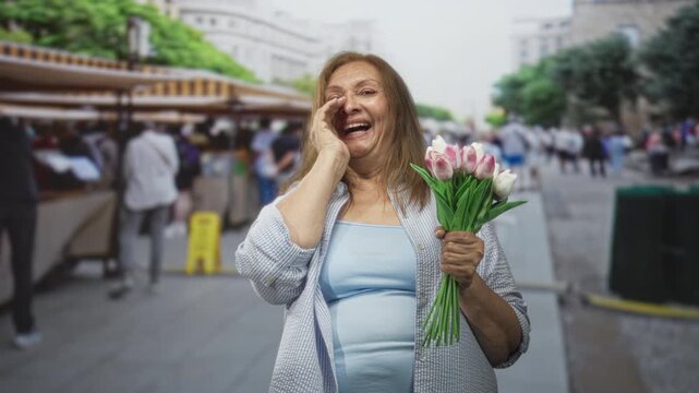 Senior woman holding a bouquet of tulips and cupping hand to mouth in a busy street market; happiness nostalgia.