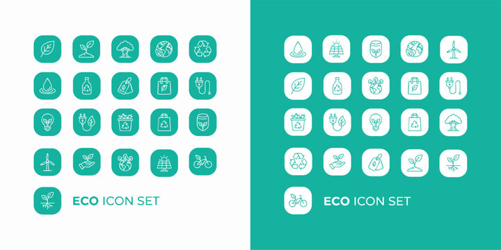 Flat eco friendly and green energy linear icon set inside squircle badges. Clean 2D outline icons featuring recycling, solar panel, wind turbine, organic leaf, electric plug, and zero waste.