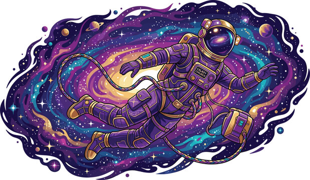Astronaut floating in deep space galaxy with colorful nebula and stars vector illustration isolated on white background