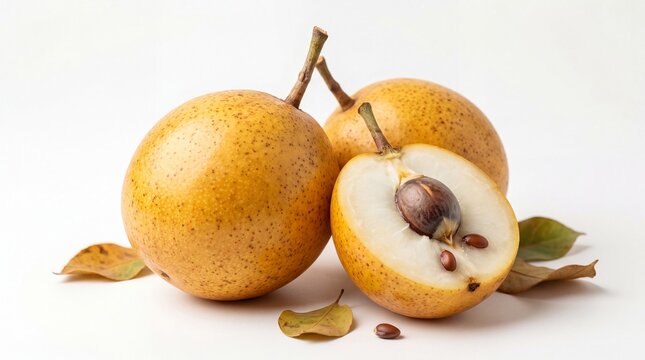 Mamey sapote fruits sit next to a halved section displaying the large central seed and firm flesh.