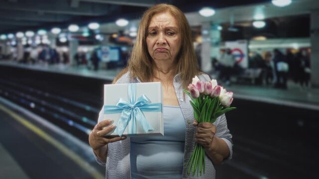 Woman holding wrapped gift box and clutching a bouquet of pink tulips, hands visible and frowning on a train station building platform; waiting delay sadness.
