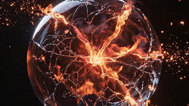A glass orb engulfed in fire with electric-like cracks spreading rapidly outdoors at night.