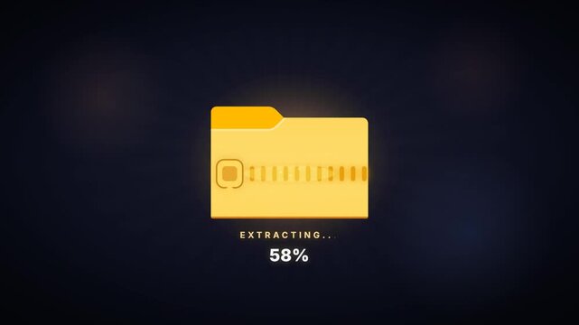 File extraction animation with documents flying out of an open zip folder during unzip process