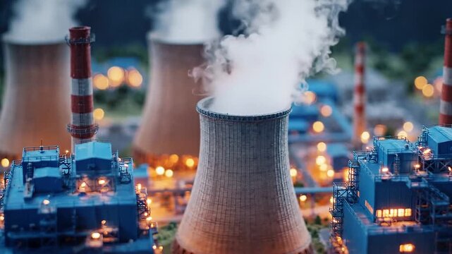 Miniature model of nuclear power plant emitting steam from cooling towers with glowing lights at night, slow zoom in with tilt-shift effect