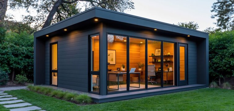 Office pod shed in a modern backyard garden workspace with contemporary architecture