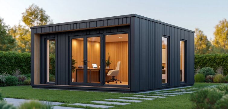 Office pod in a modern backyard studio with contemporary architecture and garden