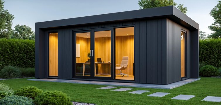 Garden studio cabin as a modern backyard office with contemporary architecture pod