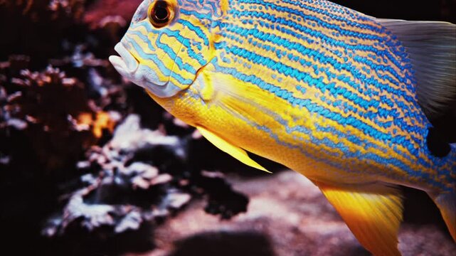 Colorful sailfin snapper fish swimming gracefully in tropical marine aquarium.