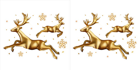 Golden 3d reindeer jumping with snowflakes isolated on transparent background © Salman