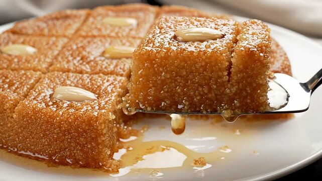 Freshly Cut Layered Arabian Halwa Dessert Slice with Almond Garnish on White Plate Drizzled with Syrup Showcasing Texture and Color