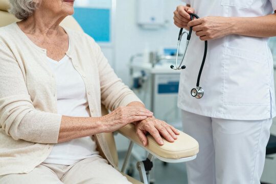 A senior female patient sits in a clinic examination chair, interacting with a standing medical worker who holds a stethoscope in a clinical setting.