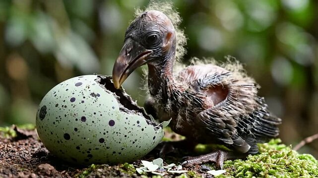 Newborn Chick Emerging From Speckled Egg Surrounded By Lush Greenery, Symbolizing Rebirth And The Beauty Of Nature