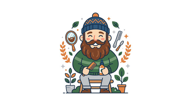 Bearded Man Grooming with Beard Oil, Comb, Mirror, Plants