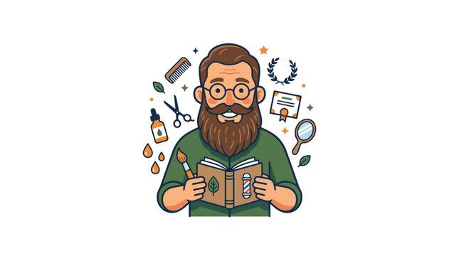 Bearded Man Reading Book with Grooming Tools, Barber Style