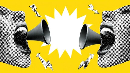 Fototapeta premium Dynamic halftone graphic on vivid yellow backdrop with two black-white dotted stylized open mouths fitted with dark gray megaphones, central jagged white speech bubble