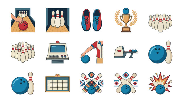 Bowling Icons Set: Pins, Ball, Shoes, Trophy, Scoreboard, Machine