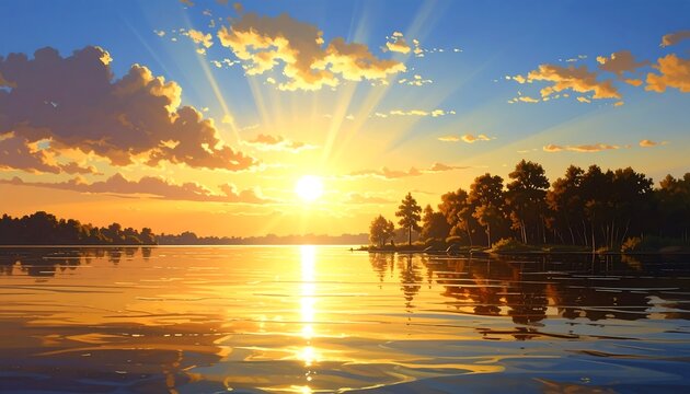 A vibrant sunset over a tranquil lake, with radiant sun rays bursting through the clouds and trees reflecting in the water