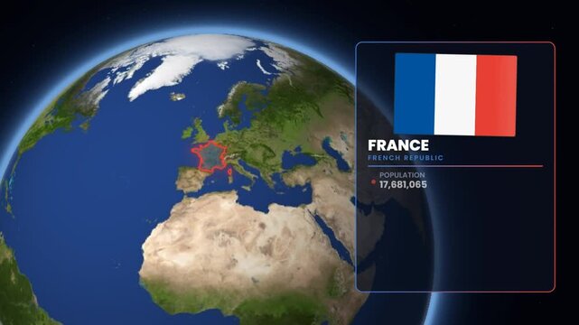 Rotating Earth globe zooming to European countries with national flags and country profile data