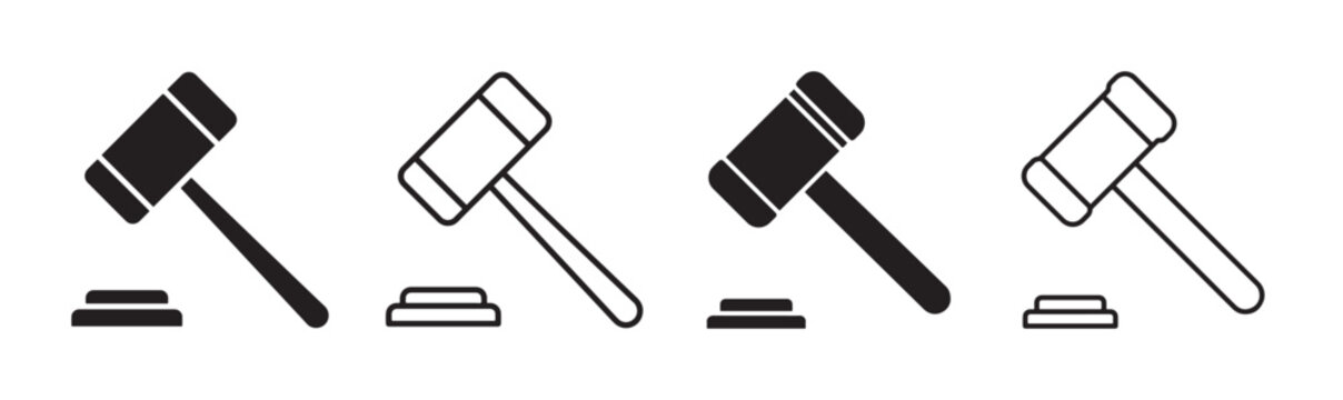 Gavel icon set judge hammer auction law legal justice symbols authority punishment hammer court trial verdict flat line outline style graphic vector,