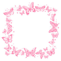 Obraz premium Butterfly decorative frame. Square border made of pink butterflies and ornamental elements flat vector illustration. Greeting card, invitation and decorative design concept