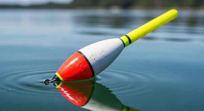 Colorful Fishing Float Reflecting on Calm Water Surface