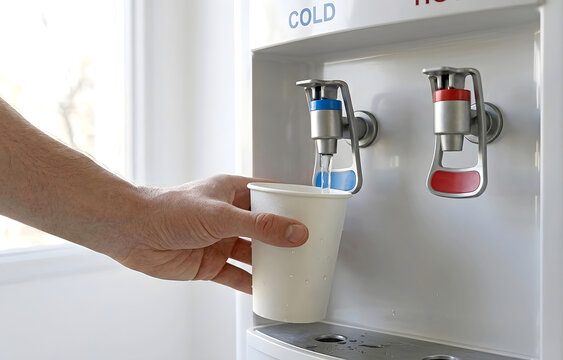 Mano llenando vaso con agua potable en dispensador, concepto de hidrataci&oacute;n y acceso al agua