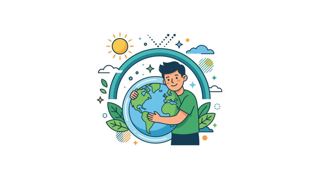 Boy Hugging Earth Planet, Environmental Protection Concept, Eco Friendly Lifestyle